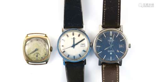 Three watches, 1940's wristwatch, silver coloured dial with Arabic numerals, subsidiary dial and