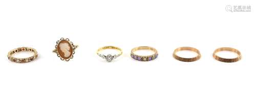 Six vintage gold rings, solitaire diamond, mount stamped 18 ct and platinum, half eternity ring