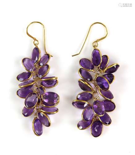 Amethyst drop earrings; oval faceted amethysts collet set in a 'grape' style setting, marked '585'