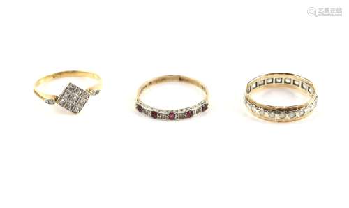 Three gem set rings, Edwardian diamond set plaque ring, mount stamped 18ct, ring size Q, ruby and