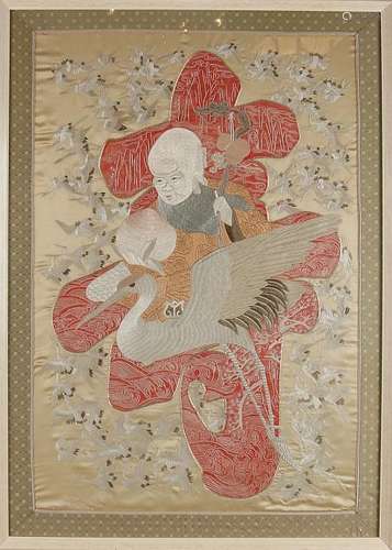 Oriental hand piece with gold thread. Chinese deity