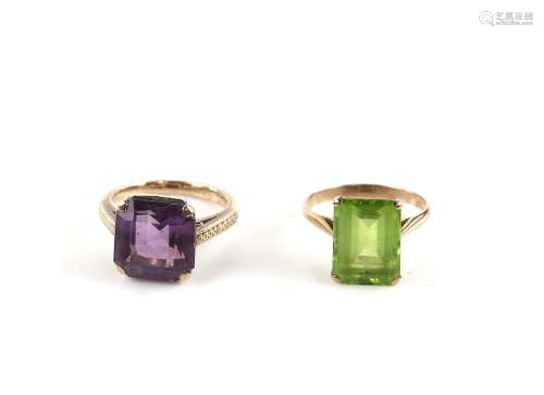 Two vintage dress rings, faceted amethyst ring in engraved mount with leaf motif, ring size K, and