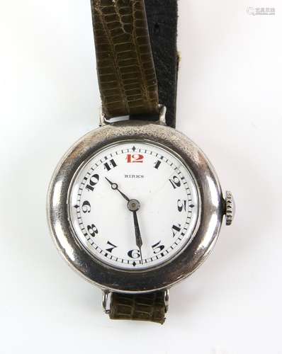 Birks, A Gentleman's wrist watch, in silver case the white enamel circular dial with Arabic