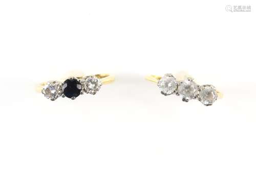 Sapphire and diamond three stone ring, set with two brilliant cut diamonds, estimated diamond weight