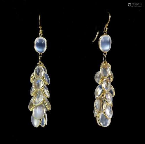 Moonstone cluster drop earrings; oval cabochon cut moonstones collet set in a 'grape' style setting,