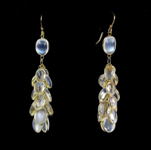 Moonstone cluster drop earrings; oval cabochon cut moonstones collet set in a 'grape' style setting,