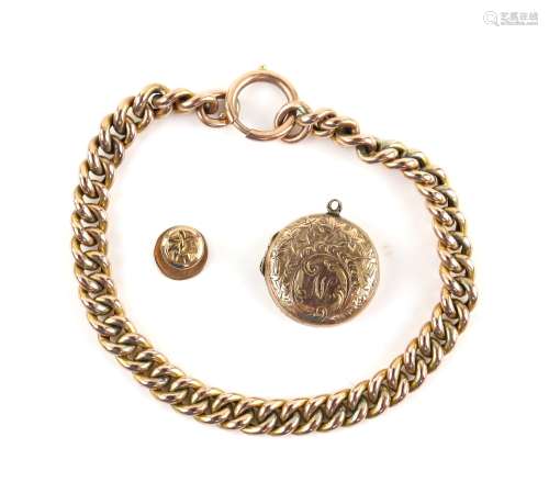 A group of antique gold jewellery, Victorian curb link bracelet with bolt ring clasp, 19.5cm in