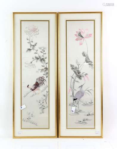 An associated pair of Chinese textiles; one designed with a cockerel, and the other portraying a