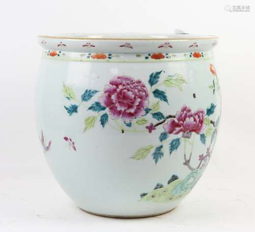 A famille rose fishbowl or planter, decorated with bold designs of flowering peony beneath a