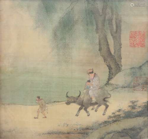 A Chinese facsimile picture of a scholar and child, riding a water buffalo, after the original,