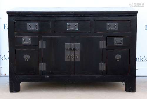 A Chinese rectangular cabinet with hinged doors and drawers, 142 x 62 x 90, post Qing Dynasty.