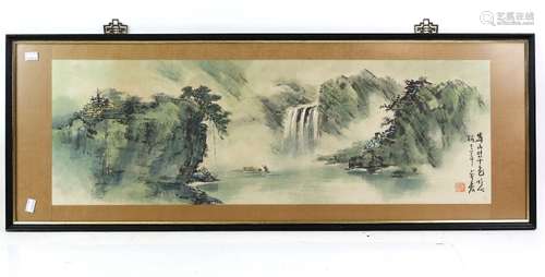 Two Chinese textile sleeve bands of typical rectangular form, both framed and glazed, the larger