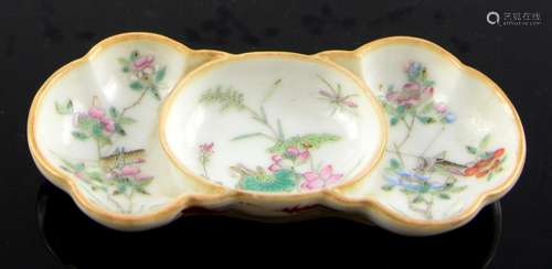 A small famille rose dish with three compartments (possibly a bird feeder), decorated with insects