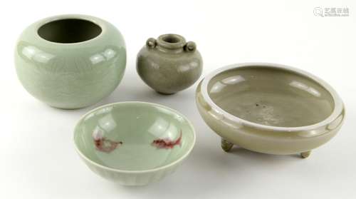 Four various celadon wares, comprising: a tripod incense burner or other vessel, 15 cm diameter, the