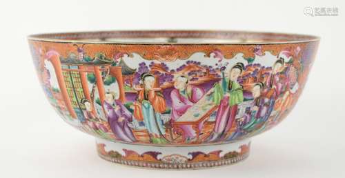 An elegant famille rose punch bowl, decorated with panels depicting Manchu/Chinese families; 33.5 cm