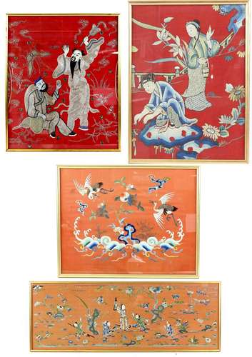 Four Chinese textiles, comprising: one of two figures in a garden, 36 x27 cm; one of a mother and