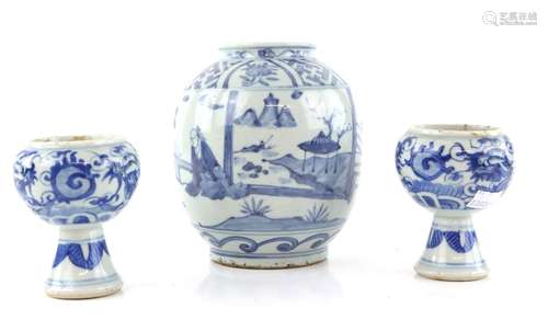 A blue and white oviform jar in the late Ming style, about 17 cm high; together with two blue and