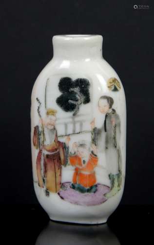 A famille rose Chinese snuff bottle, decorated with three figures on a garden verandah beside