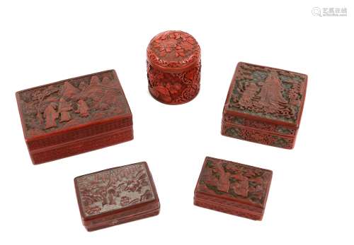 Five red cinnabar [or cinnabar style] boxes, comprising: one decorated with Guanyin; three of
