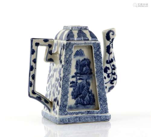 A Chinese blue and white ewer of trapezoid form, decorated with panels depicting mountainous river