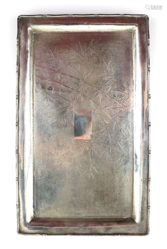 A Chinese Export, white metal rectangular dish, decorated with bamboo; the base mark with 'LY'