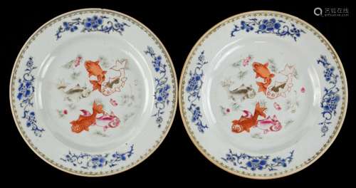 A pair of Chinese Export plates; each one decorated en-grisaille and in famille rose with five