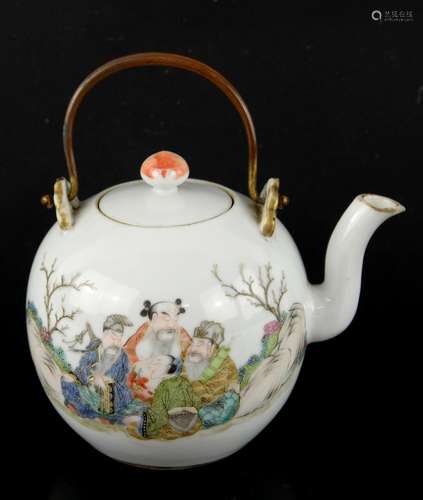 A small famille rose wine or teapot with looped metal handle and cover with knop finial, decorated