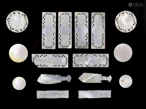 A quantity of Chinese mother-of-pearl gaming counters of circular, rectangular and fish form; Qing