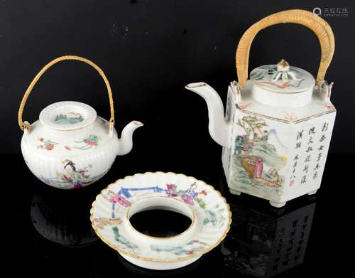 A famille rose teapot and cylindrical cover, decorated with figures on the ribbed exterior, 13 cm