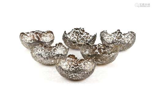 A set of six associated Chinese white metal baskets for finger, or other, bowls, comprising: two