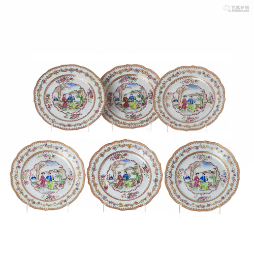 Six 'Mandarin' plates in Chinese porcelain, Qian…