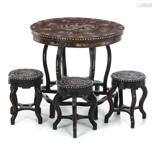 Chinese table and three stools with mother-…