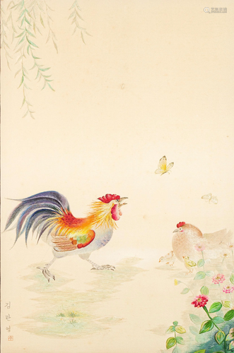 Korean embroidered panel with roosters