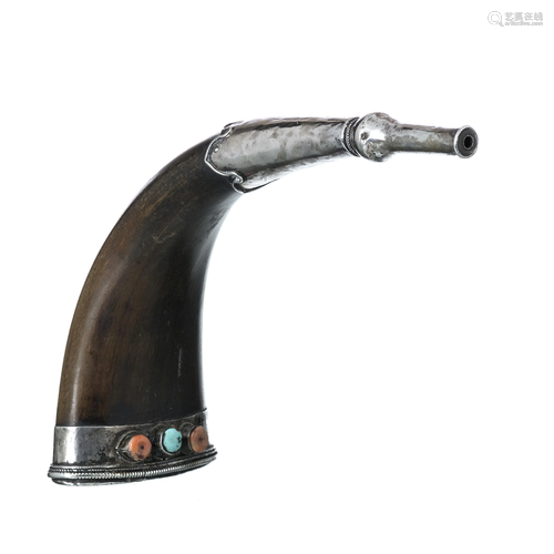 Tibetan silver mounted powder horn flask