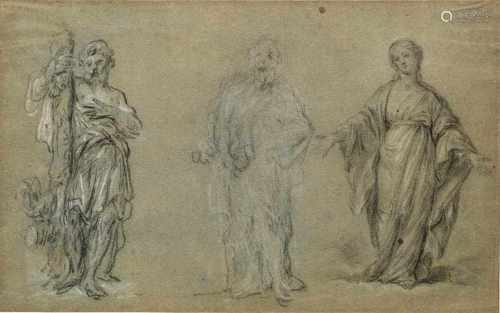 Italienischer Meister(Tätig im 17. Jh.)Blatt mit drei FigurenstudienKohle (bzw. schwarze Kreide)