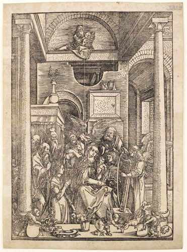 Albrecht Dürer(1471 Nürnberg - 1528 ebenda)Verehrung MariensHolzschnitt/Papier, um 1504. M. u. im