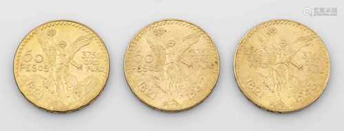 Drei Mexikanische Gold-Münzen von 1943 und 1947Dukatengold. Ges.-Gew. ca. 125,21 g.Three Mexican