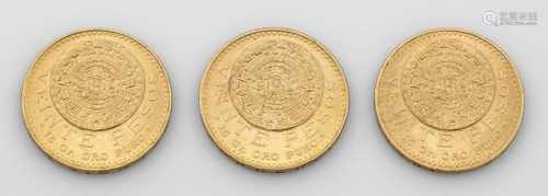 Drei Mexikanische Gold-Münzen von 1959Dukatengold. Ges.-Gew. ca. 50,11 g.Three Mexican gold coins