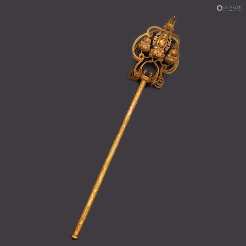 chinese ancient copper and gold buddhist cane sculpture