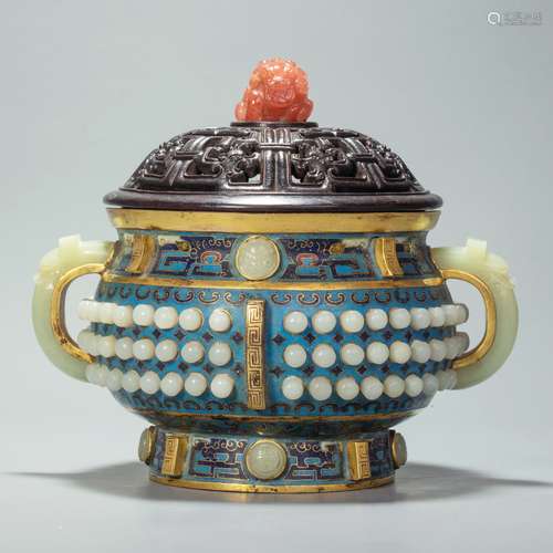 cloisonne with jade inlayed censer from Qing