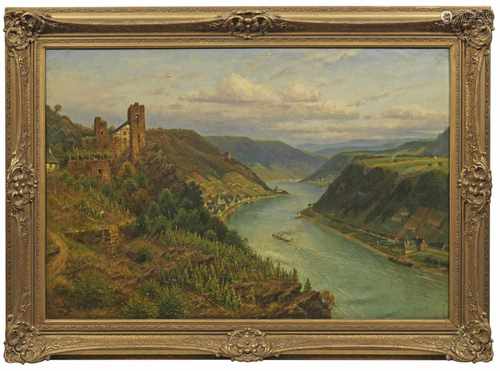 Johannes Glückert(1868 Mainz - nach 1918)Große Rheinlandschaft mit BurgruineÖl/Lwd.; L. u. sign.