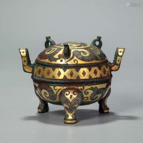 bronze and gold three feet vessel from the Warring State