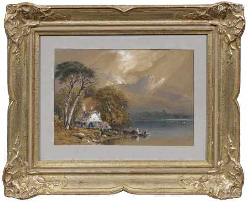 Aaron Edwin Penley(1806 Rye - 1870 Lewisham/London)See in den Highlands mit Hütte und Figuren am