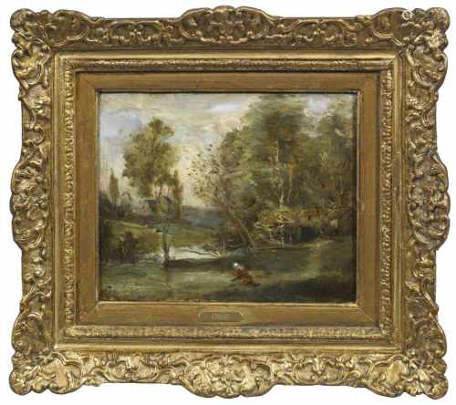Camille Corot(1796 Paris - 1875 ebenda) attr.;Waldige Landschaft bei Fontainebleau mit Häusern und