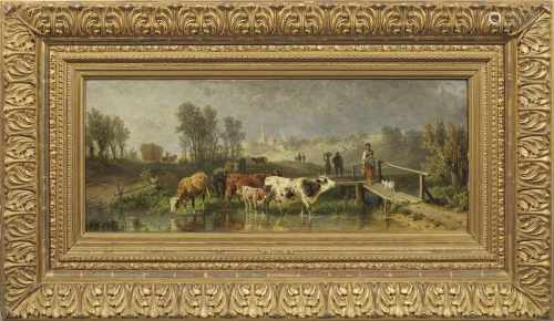 Friedrich Voltz(1817 Nördlingen - 1886 München)Viehhirtin mit ihrer Herde an der Tränke vor einem