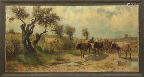 Erminio Kremp(1860 Palermo - 1936 ebenda)Viehhirte mit seiner Herde in weiter sizilianischer
