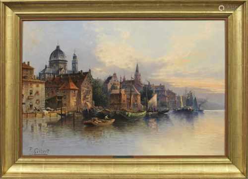 Karl Kaufmann(1843 Neuplachowitz - 1901/05 Wien)Stadt am FlussStimmungsvolle Ansicht einer wohl