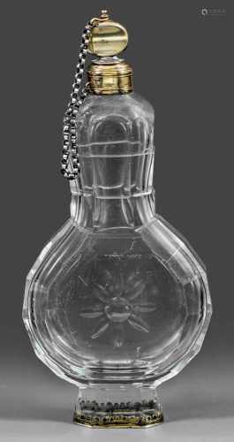 Böhmischer Barock-Flakon mit SilbermontierungFarbloses Glas, geschliffen; teilvergoldete