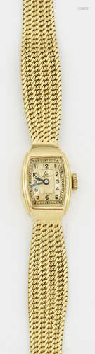 Damenarmbanduhr von Festa aus den 40er JahrenGelbgold, gest. 585. Tonneauförmiges Uhrengehäuse mit