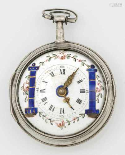 Seltene Friedberger Spindeluhr von Johann Paul AsamSilber. Rundes, glattes Uhrengehäuse, schwarze